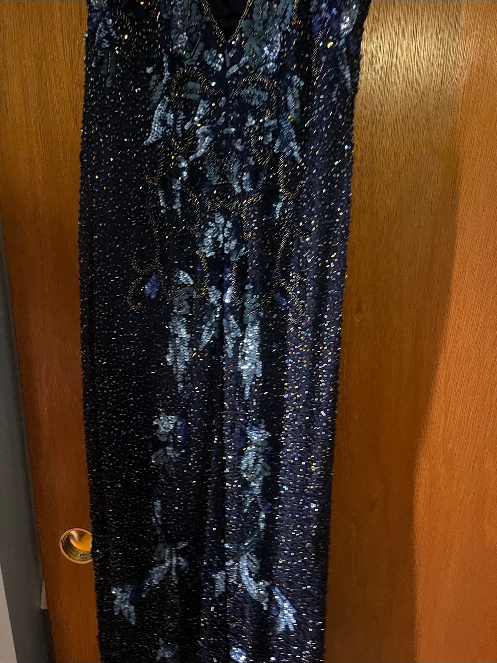 Elegant Navy Sequin Slip Dress with Floral beaded Accents - Picture 6 of 9
